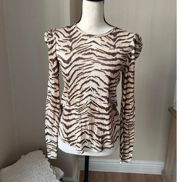 NEW Generation Love Dawn Puff Sleeve Linen Blend Tiger Top size Small - Picture 1 of 6